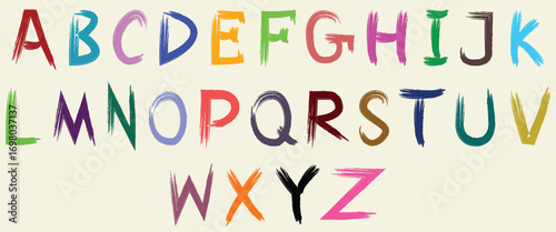 Colorful Hand-Painted Alphabet Letters in Uppercase. Artistic Brush Stroke Font for Kids, Posters, and Creative Designs. Vibrant Painted ABC Set on Light Background for Typography Use.