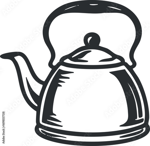 A hand-drawn illustration of a kettle ideal for kitchen and cooking themes. Black on transparent background.