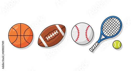 Colorful illustrations of essential sports equipment, including basketball, American football, baseball, tennis racket, and tennis ball, ideal for athletic and recreational themes