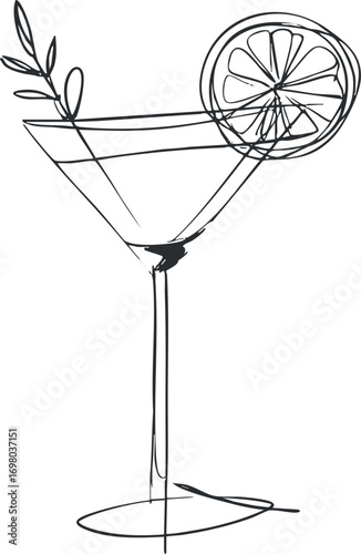 A minimalist line drawing of a cocktail glass with a lime slice and garnish. Black on transparent background.
