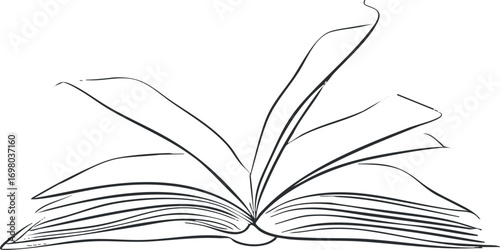 An artistic illustration of an open book with detailed pages and lines. Black on transparent background.