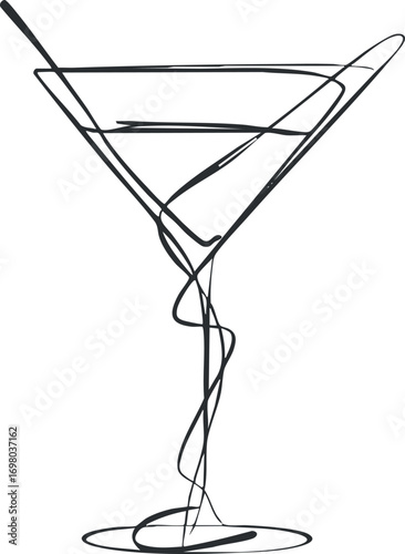 A minimalist line art illustration of a martini glass with a swirl design. Black on transparent background.