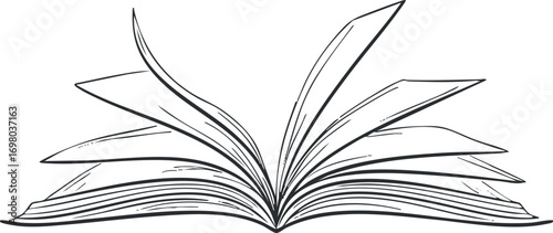An illustration of an open book showcasing its pages for educational and literary purposes. Black on transparent background.