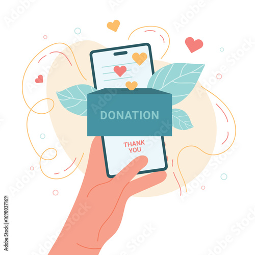 Hand holding mobile phone with donation box on screen charity concept vector illustration