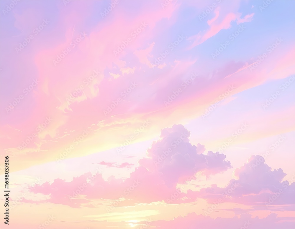 Naklejka premium A soft, pastel-toned sky filled with fluffy clouds at sunset, showcasing a dreamy, peaceful ambiance.