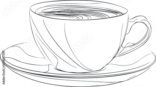 A minimalist line drawing of a cup with a saucer, perfect for beverage illustrations. Black on transparent background.