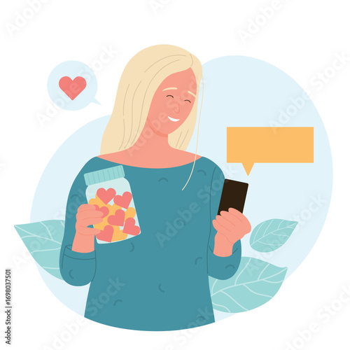 Woman holding charity jar with hearts and mobile phone with donation app concept. Cartoon volunteer giving help, support flat vector illustration