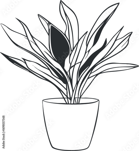 Stylish outline illustration of a plant in a pot perfect for home decor and gardening. Black on transparent background.