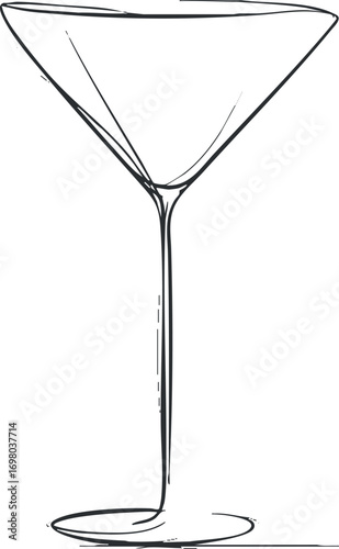 A minimalist line art illustration of an empty martini glass for drink and cocktail themes. Black on transparent background.