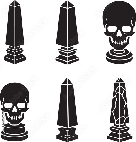 Set of Black Silhouettes of Skulls and Obelisks on White Keywords: skull, obelisk, silhouette