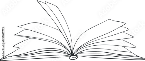 An artistic sketch of an open book with detailed pages and a dynamic composition. Black on transparent background.