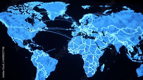 Animated world map with glowing lines connecting various locations globally on dark background