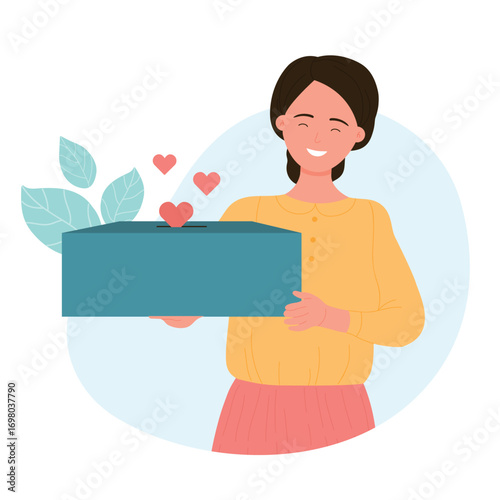 Woman holding charity box. People donate, humanitarian aid, help and assistance from global community concept