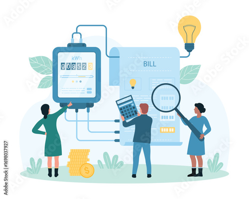Electricity bill payment and inspection vector illustration. Cartoon tiny people holding magnifying glass and calculator to check readings of electric meter, pay per kilowatt and energy consumption