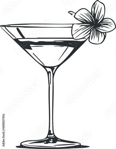 A stylish illustration of a martini glass garnished with a flower, perfect for cocktail themes. Black on transparent background.