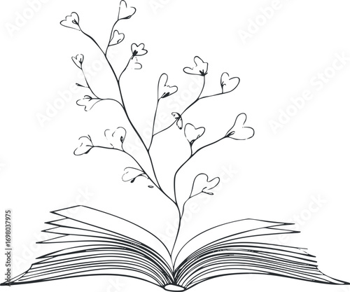 An artistic illustration of an open book with a flowering plant emerging from its pages. Black on transparent background.