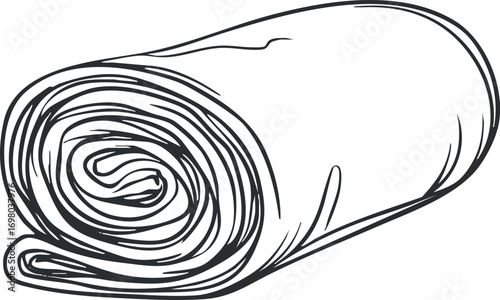 A hand-drawn illustration of a rolled blanket suitable for home decor and comfort. Black on transparent background.