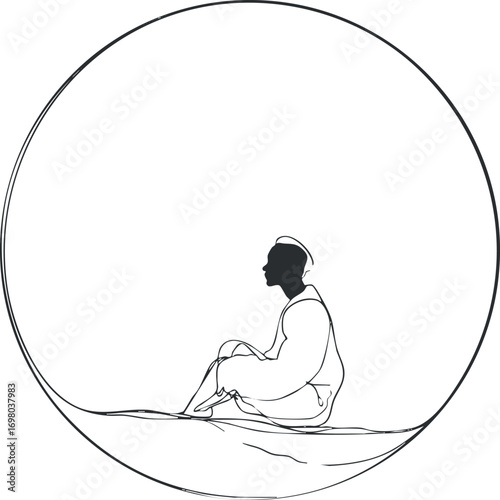 Minimalist line art illustration of a person sitting in a circle conveying peace and contemplation Black on transparent background.