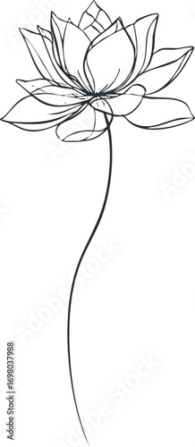 A minimalist line art illustration of a lotus flower symbolizing purity and tranquility. Black on transparent background.