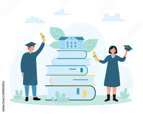 Graduation from higher institution or university vector illustration. Cartoon tiny graduates with academic gowns and caps celebrate success of end of study and education near library books pile