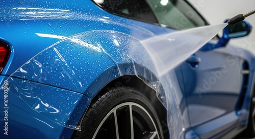 Applying paint protection film on a blue sports car to protect it from scratches and stone chips