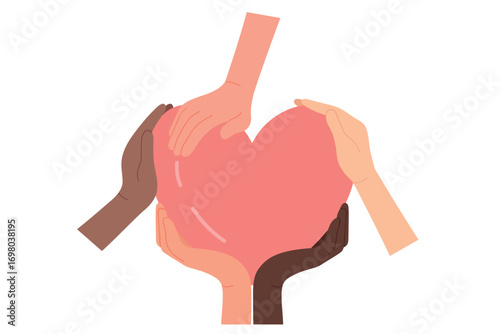 Hands of volunteers holding heart together. Support, assistance and help from community of people flat vector illustration. Solidarity, humanitarian aid concept