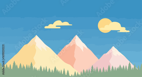 A serene and colorful flat design illustration of a mountain range with a pine forest under a sunny blue sky, representing tranquility and nature's beauty