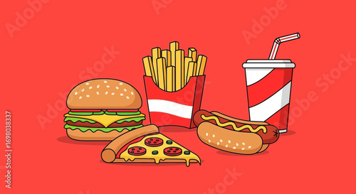 A vibrant collection of classic fast food items, including a cheeseburger, french fries, soda, hot dog, and pizza, depicted in a flat cartoon vector illustration style against a red background