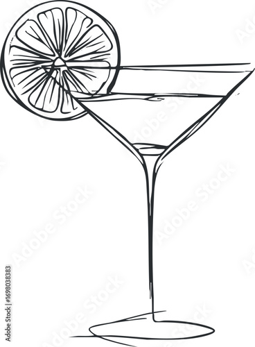 A minimalist illustration of a cocktail glass with a lime slice, perfect for summer themes. Black on transparent background.