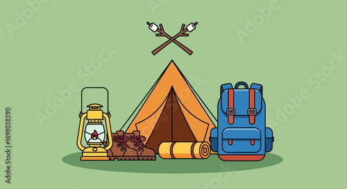 Camping gear illustration, including a tent, backpack, lantern, boots, and sleeping roll