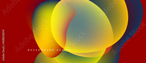 Abstract fluid shapes blend, creating vibrant color gradients. Red, yellow, blue hues dominate design, offering modern aesthetic.