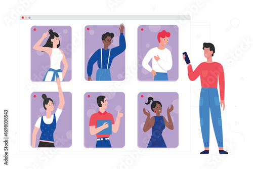 Cartoon flat man woman group of characters communicate together, using mobile video call chat app, internet meeting digital technology background. People in online communication vector illustration