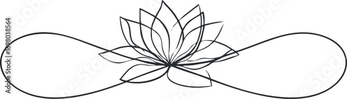 Elegant minimalist line art of a lotus flower symbolizing beauty and tranquility. Black on transparent background.