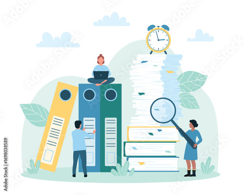 Cartoon tiny people work among stacks of paperwork, reports and bills, employee holding pen to mark option on information list. Office bureaucracy, checklist administration vector illustration