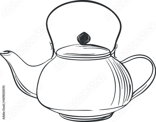 A simple hand-drawn outline illustration of a classic teapot for tea lovers. Black on transparent background.