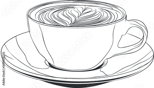 A simple line art illustration of a cup of coffee with intricate froth design. Black on transparent background.