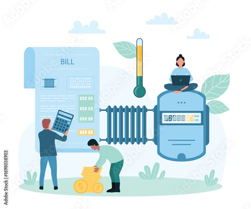 Payment for utility bills for heating vector illustration. Cartoon tiny people hold calculator and money to calculate and pay for home heating service, control calorimeter with readings and heater