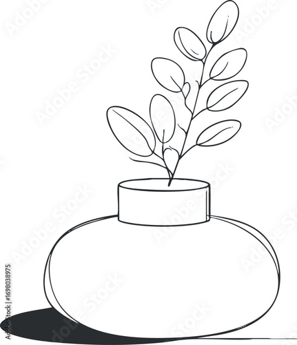 A minimalist line art illustration of a vase with a leafy plant inside. Black on transparent background.