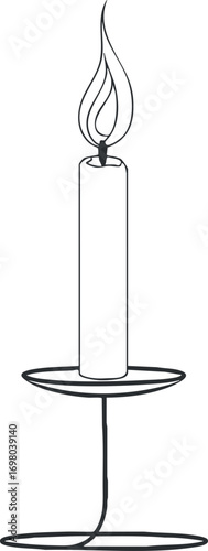 Illustration of a simple candle in a holder with a warm flame for ambiance and decoration. Black on transparent background.