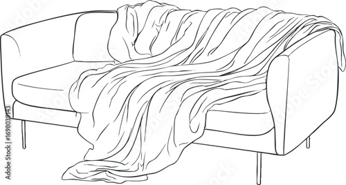 A minimalist outline drawing of a modern sofa with a draped blanket, perfect for interior design. Black on transparent background.