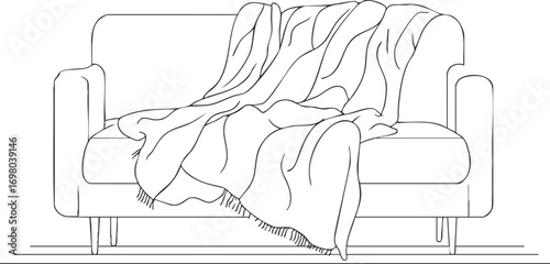 A minimalist line drawing of a cozy sofa draped with a soft blanket in a living room setting. Black on transparent background.