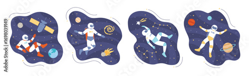 Astronauts floating in space in different poses set vector illustration. Cartoon spaceman in helmet and spacesuit flying between satellite and planets of solar system, shooting star and asteroid