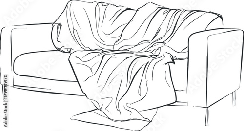A minimalist line art illustration of a cozy sofa with a draped blanket. Black on transparent background.