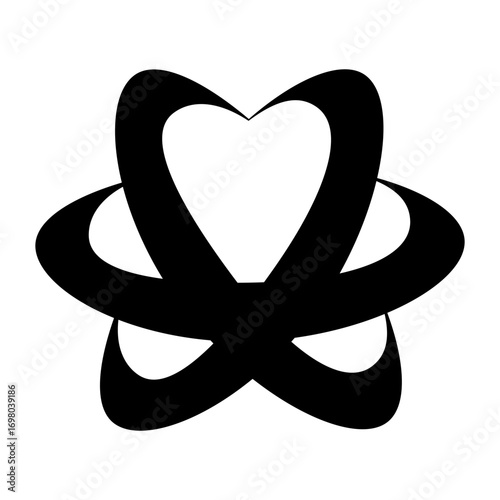 Abstract black and white symbol; intertwined heart-shaped design within orbiting rings.