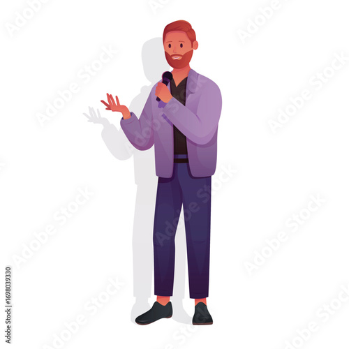 Comedy performance, live stand up show with talent comedian speaking isolated on white background vector illustration. Cartoon young man with microphone performing funny standup speech