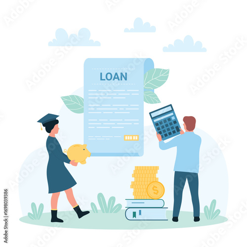 Education and scholarship on loan vector illustration. Cartoon tiny people with calculator, money and graduation cap calculate financial expenses and tuition cost for students, invest in knowledge