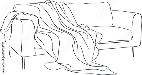 A minimalist line art illustration of a sofa with a draped blanket, ideal for home decor. Black on transparent background.