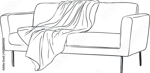 Minimalist line art of a stylish sofa with a blanket draped over it, perfect for home decor. Black on transparent background.