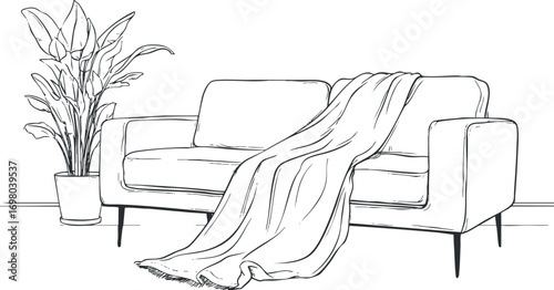 Minimalistic interior scene featuring a cozy sofa with a blanket and a potted plant. Black on transparent background.