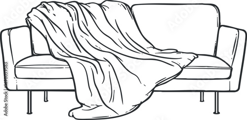 A cozy sofa with a draped blanket creating a warm and inviting living room atmosphere. Black on transparent background.